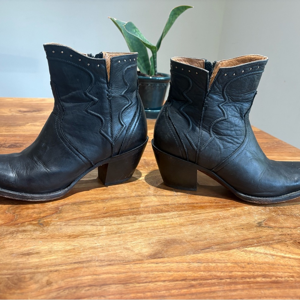 Lucchese Black Leather Karla Western Ankle Booties - Picture 3 of 8